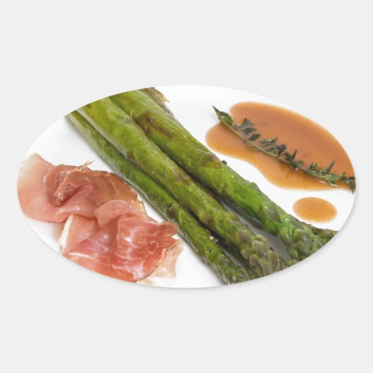 Groene asperges met ham en saus ovale sticker (Voorkant)