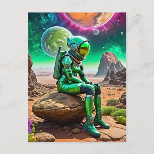 Groene astronaut Denker Pose Briefkaart (Voorkant)