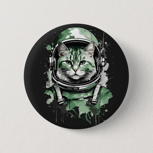 Groene Astronaut Kat Spatwater Ronde Button 5,7 Cm (Voorkant)