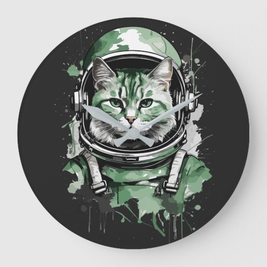 Groene Astronaut Kat Splash Grote Klok (Voorkant)