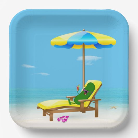 Groene augurk op strandstoel papieren bordje (Voorkant)