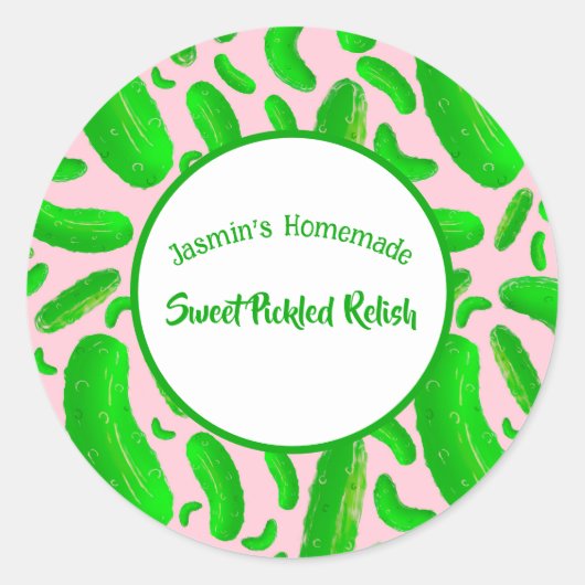 Groene augurken roze achtergrond ronde sticker (Voorkant)