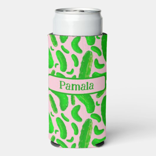 Groene augurken roze achtergrond seltzer blikjeskoeler (Seltzer Achterkant)