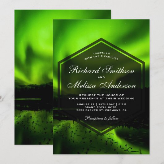 Groene Aurora Noorderlicht Trouw Uitnodiging (Voorkant / Achterkant)