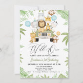 Groene Auto Ballonnen Safari Wild Een 1e Verjaarda Kaart (Voorkant)