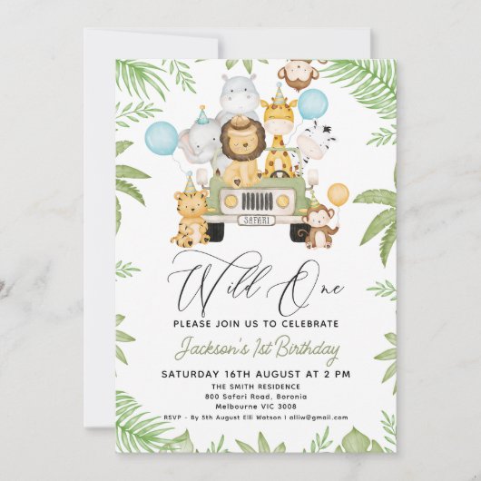 Groene Auto Ballonnen Safari Wild Een 1e Verjaarda Kaart (Voorkant)