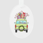 Groene auto met kerstcadeaus ornament (voorkant)