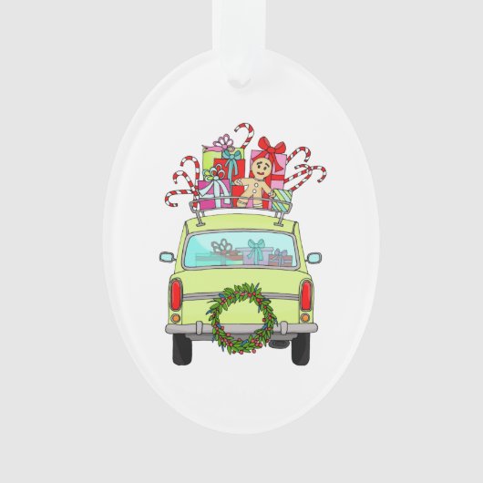 Groene auto met kerstcadeaus ornament (voorkant)