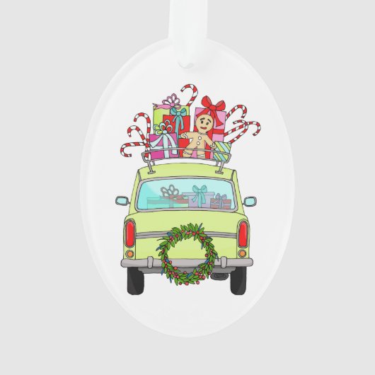 Groene auto met kerstcadeaus ornament (achterkant)