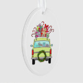 Groene auto met kerstcadeaus ornament (voorkant)
