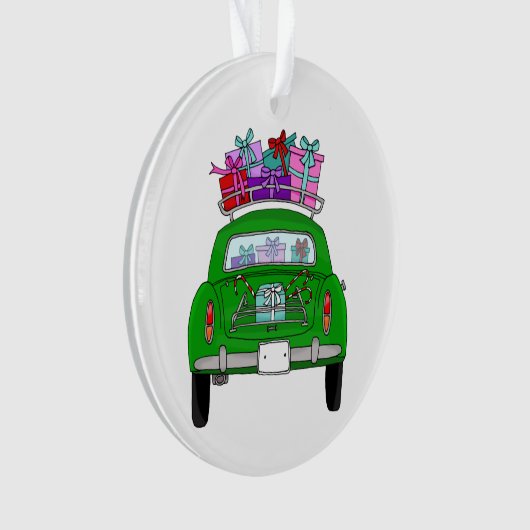 Groene auto met kerstcadeaus ornament (voorkant)