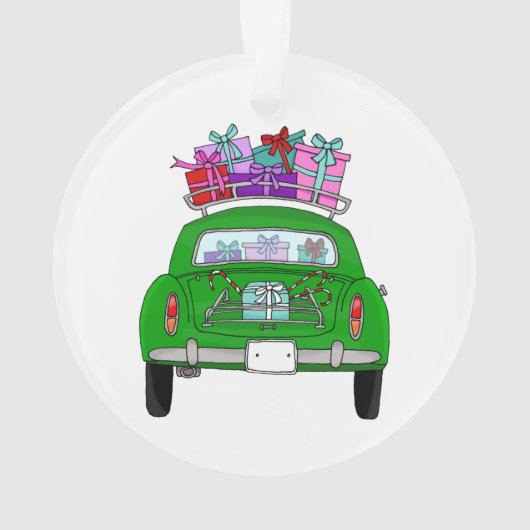 Groene auto met kerstcadeaus ornament (achterkant)