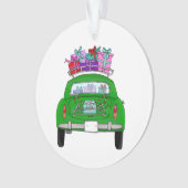 Groene auto met kerstcadeaus ornament (voorkant)