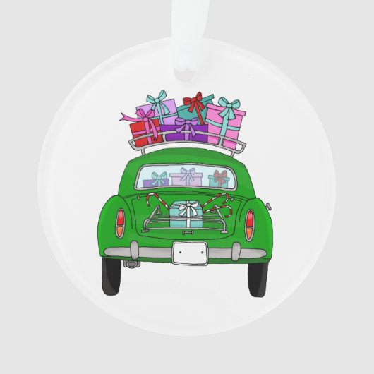 Groene auto met kerstcadeaus ornament (voorkant)