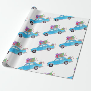 Groene auto met kerstcadeautjes Waterverf Cadeaupapier
