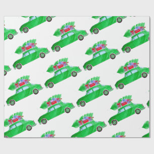 Groene auto met kerstcadeautjes Waterverf Cadeaupapier