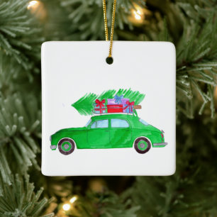 Groene auto met kerstcadeautjes Waterverf Keramisch Ornament