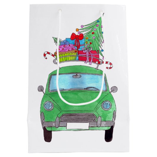Groene auto met kerstcadeautjes Waterverf Medium Cadeauzakje (Achterkant)