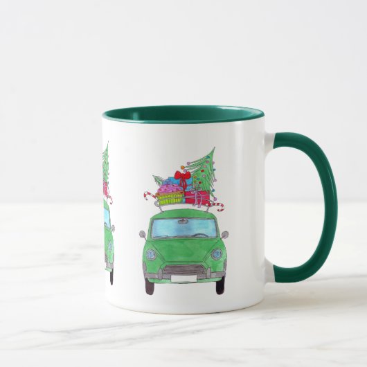Groene auto met kerstcadeautjes Waterverf Mok (Rechts)