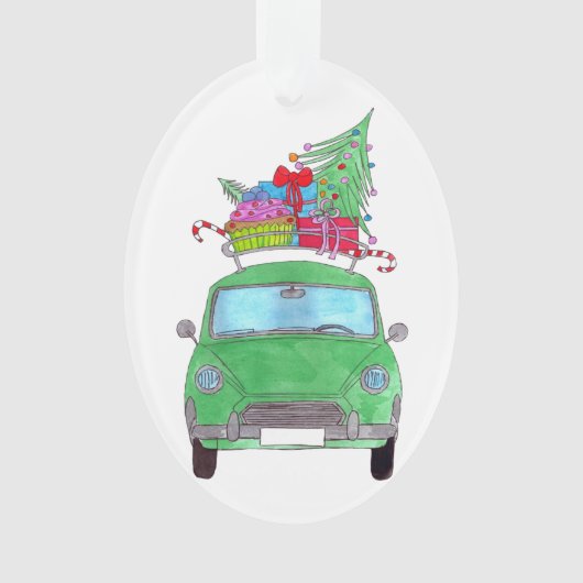 Groene auto met kerstcadeautjes Waterverf Ornament (voorkant)