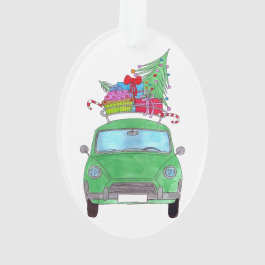 Groene auto met kerstcadeautjes Waterverf Ornament (achterkant)