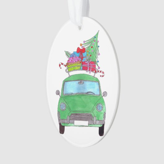 Groene auto met kerstcadeautjes Waterverf Ornament (voorkant)