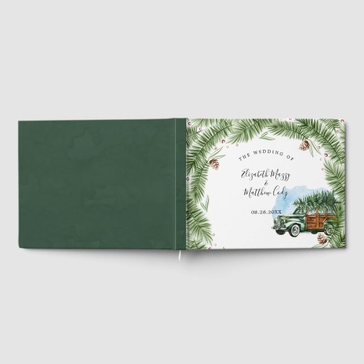  groene auto met sneeuwkerstbruiloft gastenboek (Volledig)