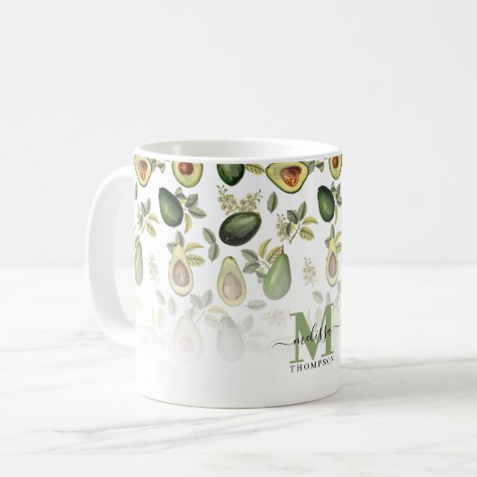 Groene Avocado Botanische Patroon Monogramed Koffiemok (Voorkant links)