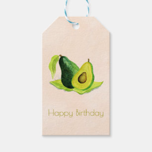 Groene Avocado Fruit in Waterverf Happy Birthday Cadeaulabel