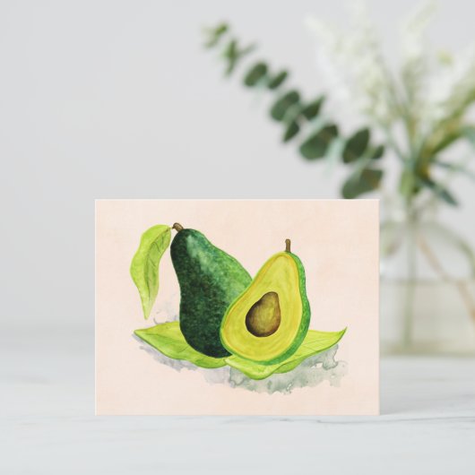 Groene Avocado, nog steeds levend fruit in Waterve Briefkaart (Staand voorkant)