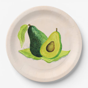 Groene Avocado, nog steeds levend fruit in Waterve Papieren Bordje