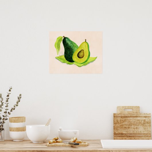 Groene Avocado, nog steeds levend fruit in Waterve Poster (Keuken)