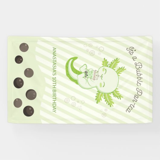 Groene Axolotl Bubble Boba Tea Verjaardagsfeest Spandoek (Horizontaal)