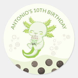 Groene Axolotl Bubble Milk Boba Thee Verjaardagsfe Ronde Sticker