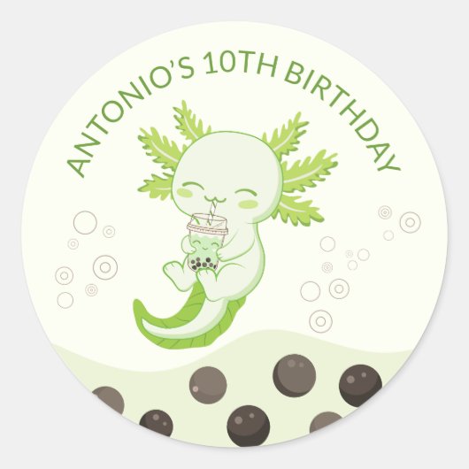 Groene Axolotl Bubble Milk Boba Thee Verjaardagsfe Ronde Sticker (Voorkant)