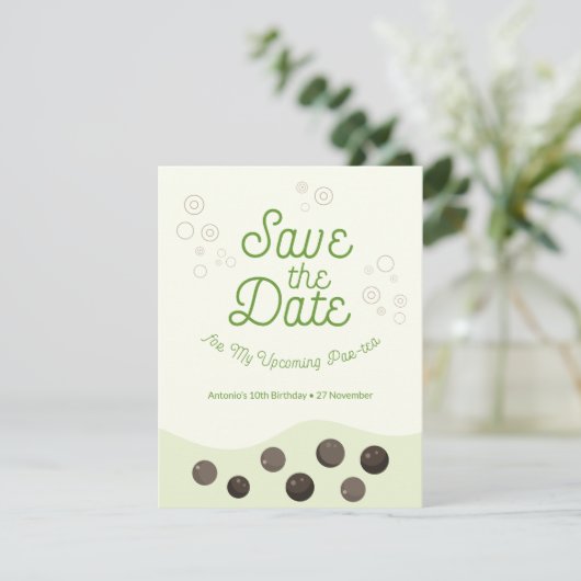 Groene Axolotl Bubble Tea Par-tea Verjaardagsfeest Save The Date (Staand voorkant)