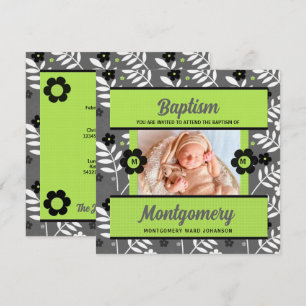 Groene Baby Baptisme met monogram en foto Kaart