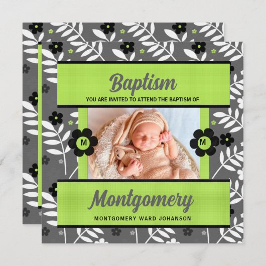Groene Baby Baptisme met monogram en foto Kaart (Voorkant / Achterkant)