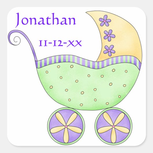 Groene Baby Buggy Name Birth Date Announance Vierkante Sticker (Voorkant)