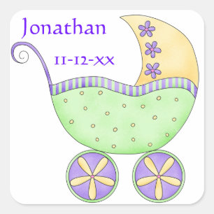 Groene Baby Buggy Name Birth Date Announance Vierkante Sticker