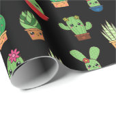 Groene Baby Cactus op zwarte achtergrond Cadeaupapier (Rol Hoek)
