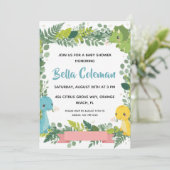 Groene baby dinosaurus babyshower uitnodigingen (Staand voorkant)