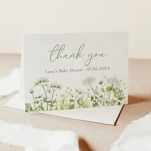 Groene Baby in bloei Wildflower Baby shower gevouw Bedankkaart