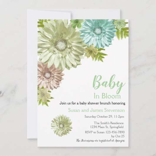 Groene Baby in Bloom Brunch Douche Uitnodiging (Voorkant)