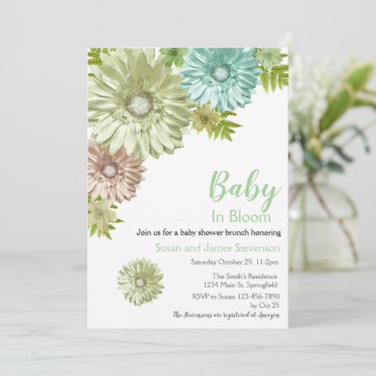 Groene Baby in Bloom Brunch Douche Uitnodiging (Staand voorkant)