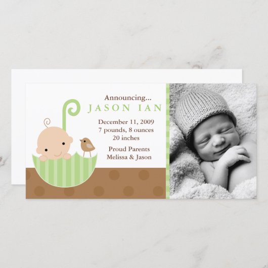 Groene baby in paraplu geboorteaankondigingen aankondiging (Voorkant / Achterkant)