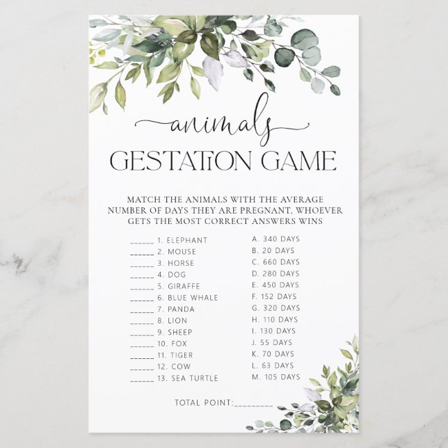 Groene Baby Shower Dieren Draagtijd Spel (Voorkant)