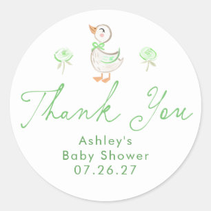 Groene baby shower dwaze gans bedank favorieten ronde sticker