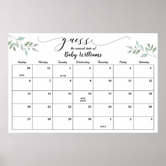 Groene baby shower gok de datum kalender poster (Voorkant)