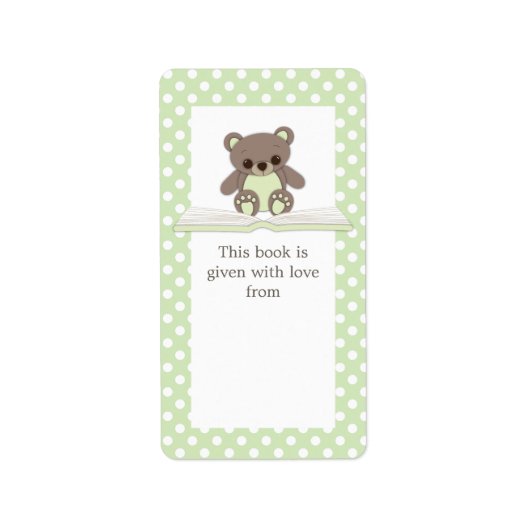 Groene Baby Teddy Bear op Boek Gift Bookplate Labe Etiket (Voorkant)